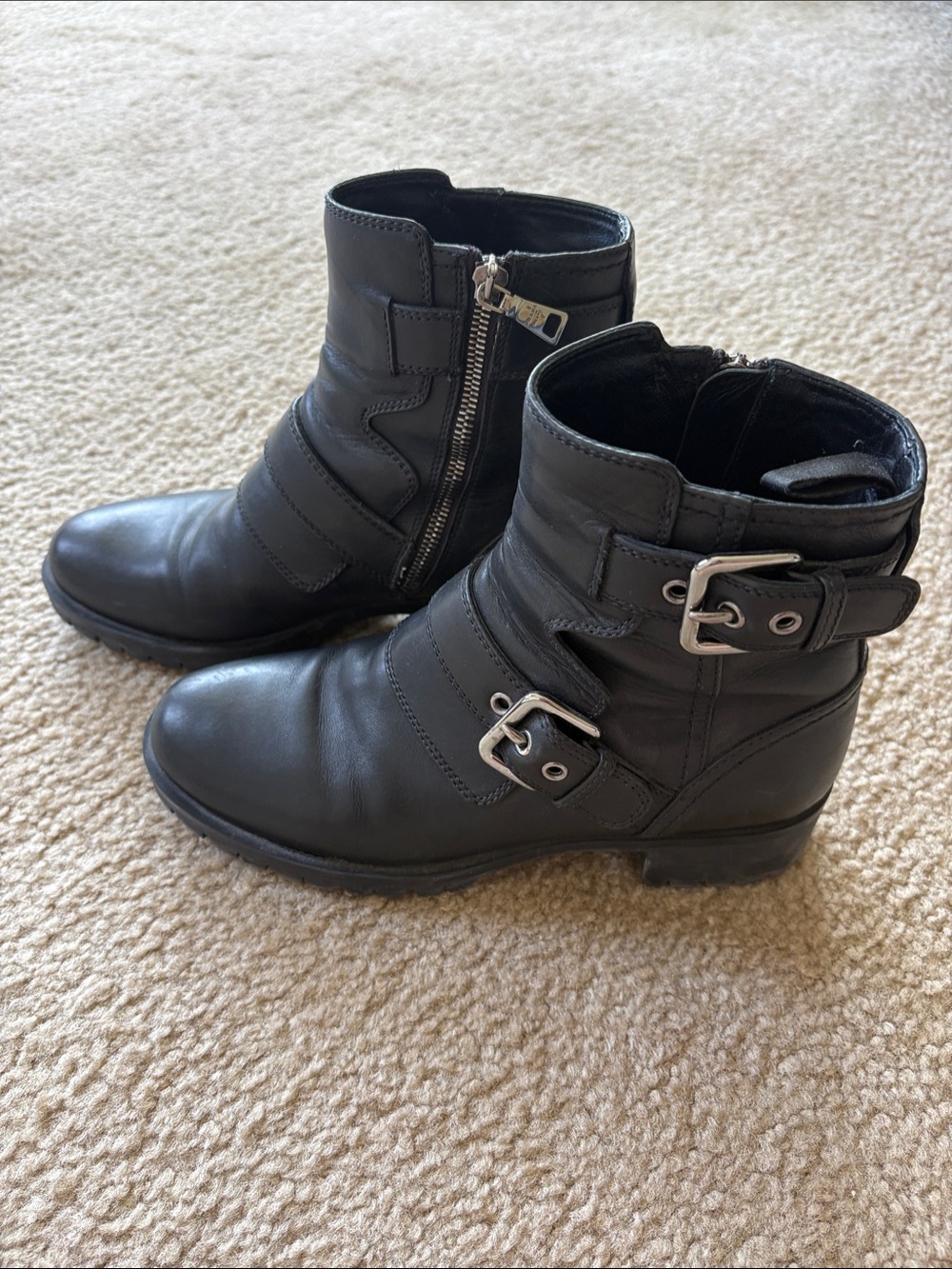 Prada Black Leather Ankle Boots with Buckle & Side Zip